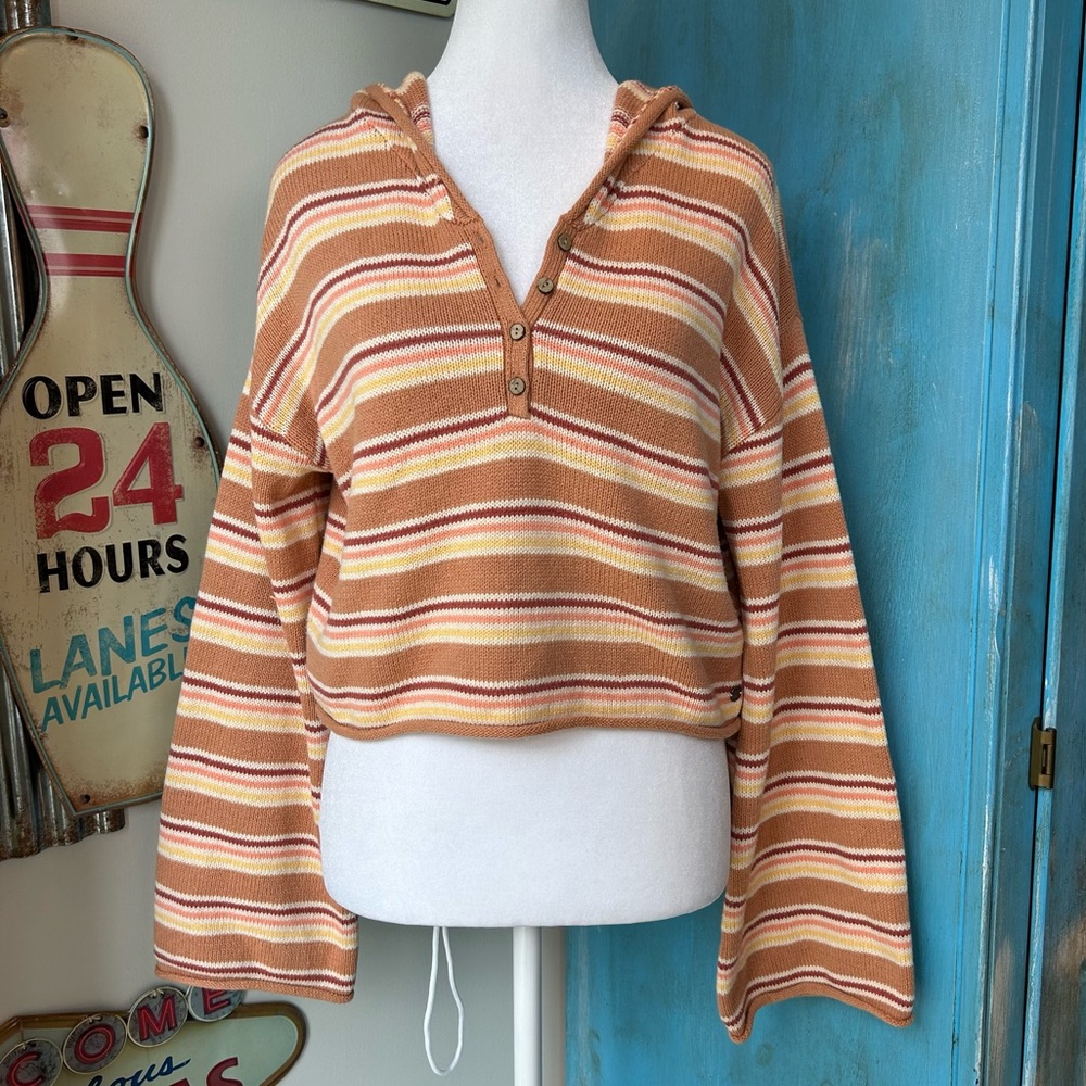 Roxy Side Swipe Striped Henley Knit Sweater Hoodie with Bell Sleeves